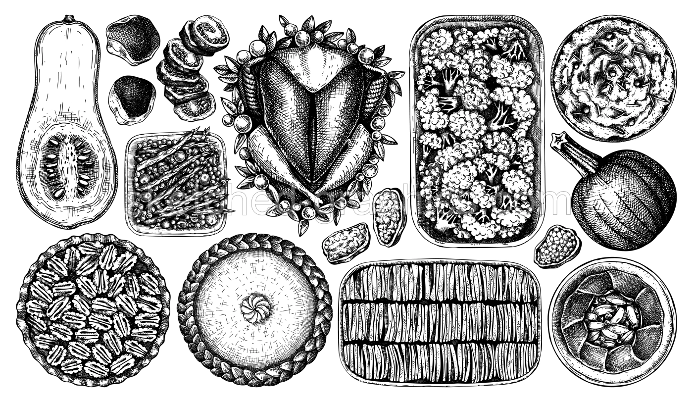Thanksgiving day traditional dishes illustrations. Roasted turkey, cooked vegetables, rolled meat, pumpkin, cakes sketches. Vintage autumn food for Thanksgiving day dinner. Vector menu  elements.  Illustration